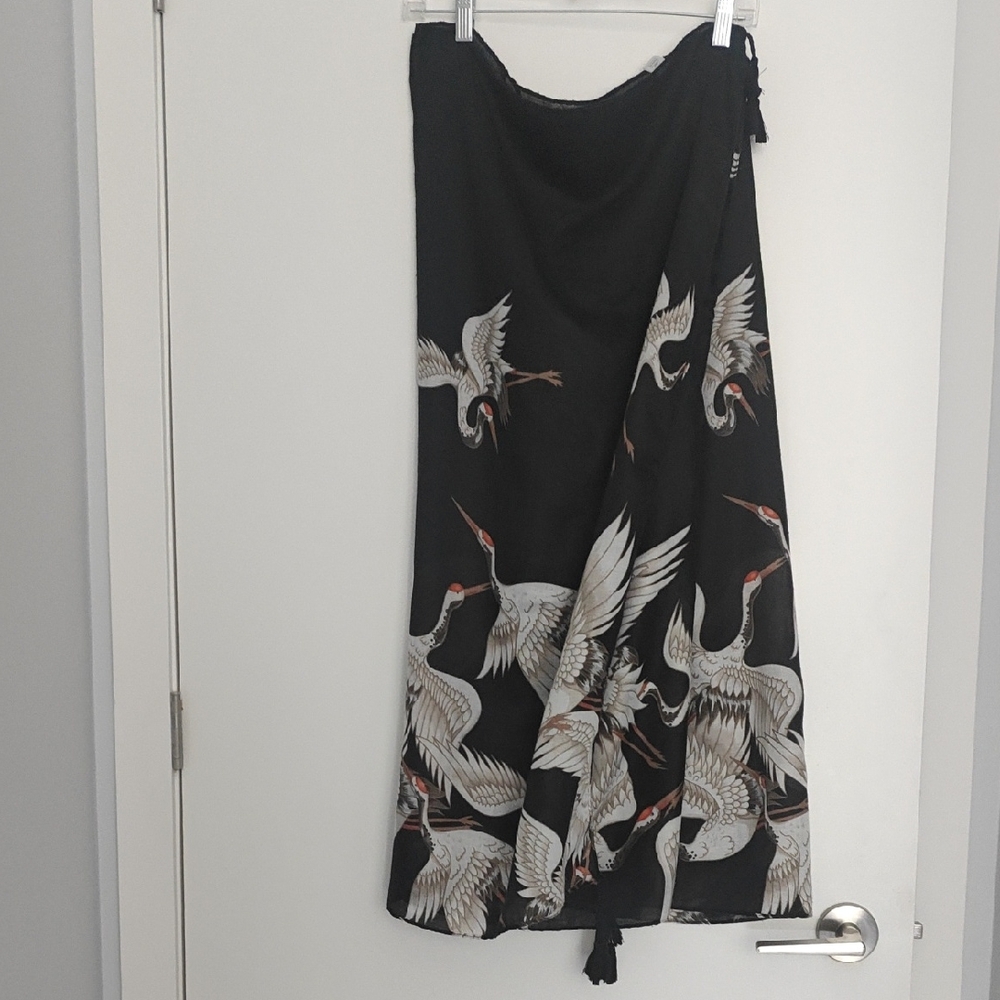 Black Wrap Scarf Shawl with Crane Print